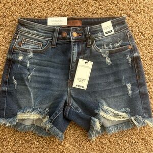 Judy Blue Distressed Dark Blue Jean Shorts (Dad Shorts double button)